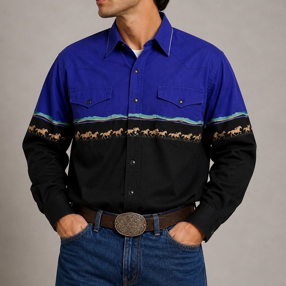 Roper Mens Western Pearl Snap Shirt Blue Black Running Horse Print Large L